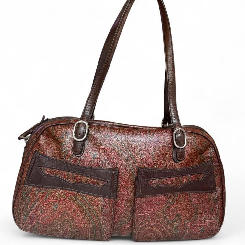 Vintage ETRO Milano Paisley Shoulder Bag Bowler Satchel Brown Leather Italy 13”